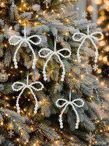 12/6/1pc Elegant Faux Pearl Bow Christmas Tree Hanging Ornament Pendant, Holiday Party Home Decor, Holiday Season Accessory, White Pearl Bow Pendant, Winter Theme Decoration, Room Accent Ornament - Multicolor - View 2