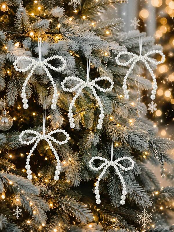 12pcs Elegant Faux Pearl Bow Christmas Tree Hanging Ornaments Pendants, Holiday Party Home Decor, Holiday Season Accessories, White Pearl Bow Pendant, Winter Theme Decoration Supplies, Room Accent Decor