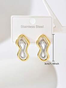 1 Pair Minimalist Fashion Stainless Steel Gold & Silver Contrast Earrings For Women, Suitable For Daily Wear - Multicolor - View 4