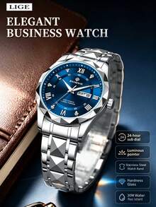 LIGE Fashion Casual Luxury Men's Watch, Waterproof Luminous Quartz Watch With Calendar Dial Wristwatch - Silver - View 12