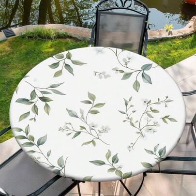 1pc Elegant Green Leaf Floral Round Tablecloth With Elastic Edge, Washable, Wipeable And Reusable, Suitable For Dinner, Outdoor, Picnic, Multiple Sizes Available