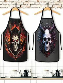 2pcs Halloween Apron - Autumn Harvest Skeleton Pattern Kitchen Apron - Lightweight Cooking Apron, Suitable For Halloween Dinner, Autumn Party And Daily Use - Easy To Clean Home Decor - Multicolor - View 1