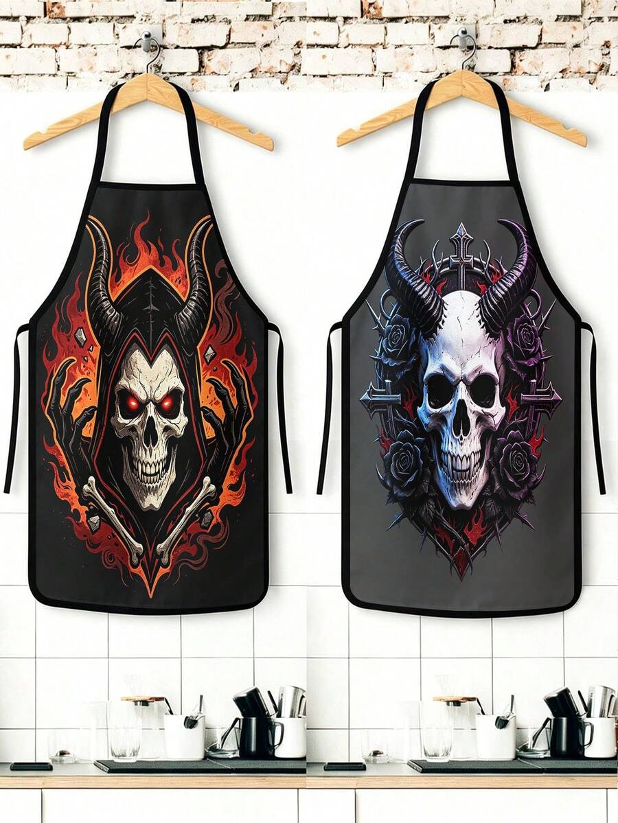 2pcs Halloween Apron - Autumn Harvest Skeleton Pattern Kitchen Apron - Lightweight Cooking Apron, Suitable For Halloween Dinner, Autumn Party And Daily Use - Easy To Clean Home Decor - Multicolor - View 1
