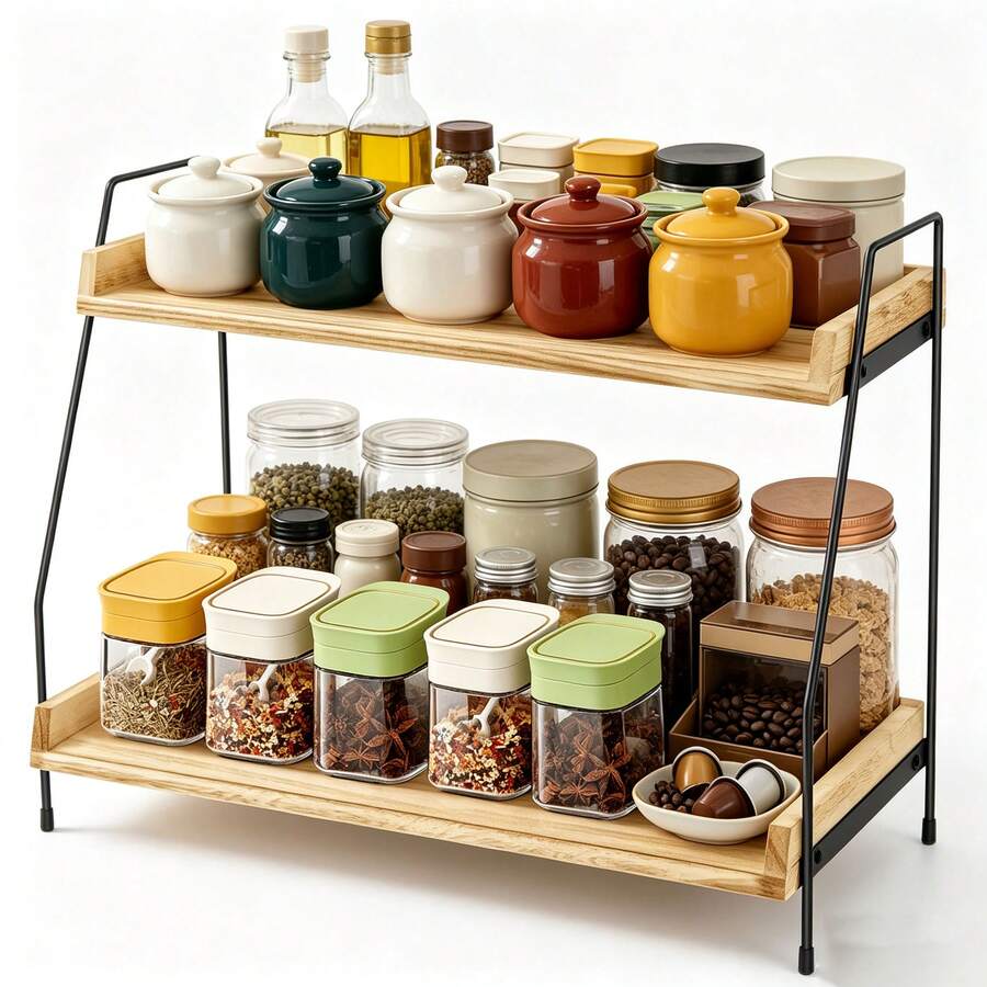 Coffee Station Organizer For Countertop 2 Tier Coffee Bar Accessories Wooden Kitchen Storage Detachable Design Non Slip Silicone Caps Easy Assembly - View 1