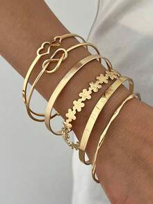 15/6/5pcs Bohemian Style Vintage Wavy Texture Smooth Surface Bracelet Set Multi-Element - Yellow Gold - View 7
