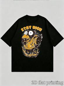 T-shirt oversize da uomo "STAY HIGH" con stampa grafica di corvo cartoni animati, casual, maniche corte, girocollo, stile street, vestibilità ampia e comoda, in cotone, maglietta estiva per uomo D - nero - Visualizzare 4