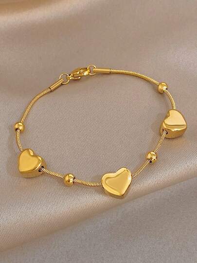 1Pc Gold Plated Won't Tarnish Stainless Steel Heart Beads Charms Snake Chain Bracelet Minimalist Delicate Jewelry For Women,Party,Daily/Christmas