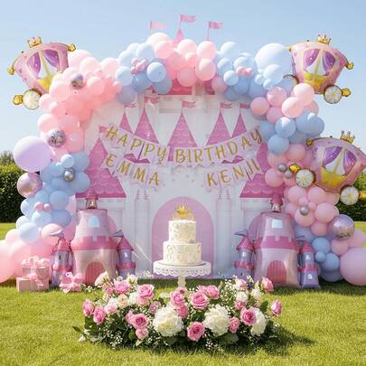 Castle Princess Car Balloon Set, Suitable For Princess Theme Party Decoration, Birthday Anniversary Celebration Home Atmosphere Balloon Decor, Birthday Party Supplies And Decoration, Glow-In-The-Dark Balloons, Soft Color Balloon Garland, Bow Balloons, Anniversary Decoration