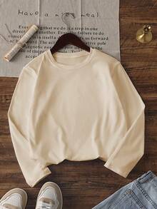 1pc Boys Korean Style Checkerboard Daisy Long Sleeve T-Shirt, Reversible Design With POSITIVE MIND Print, Cream Color, Unisex Kids Spring Autumn Top - Apricot - View 4
