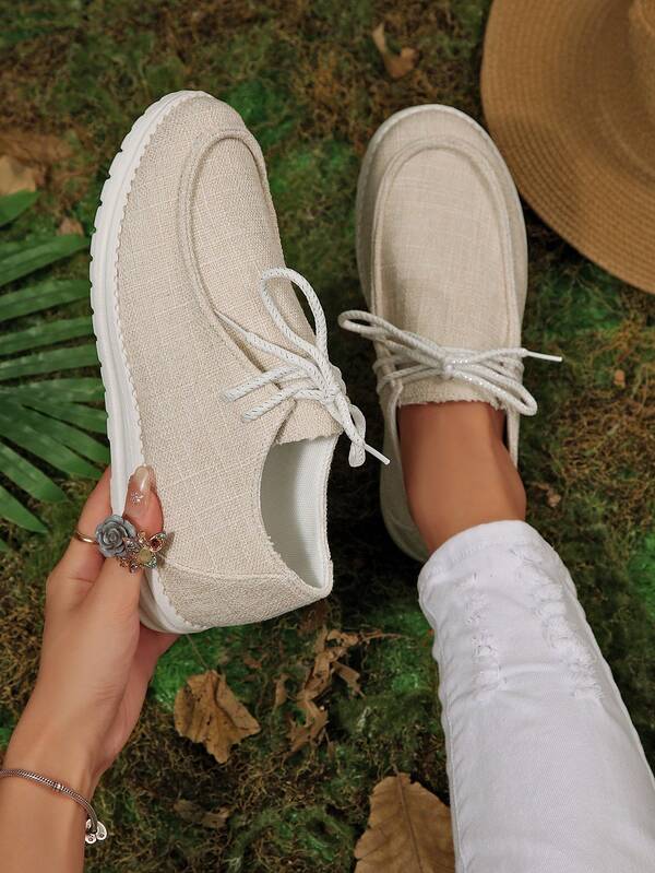 Sepatu Loafer Slip-On Datar Dangkal Warna Beige Polos untuk Wanita, Sepatu Kasual Mudah Dipakai dengan Tali dan Ujung Bulat, Serbaguna untuk Pemakaian Sehari-hari dan Belanja di Musim Semi/Panas