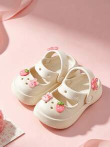 HAHABOBO Little Girls' Strawberry & Animal Decor Clogs, Breathable Closed Toe Mary Jane Style Platform Height-Boosting Sweet Shoes For Summer Daily Outings - White - View 2