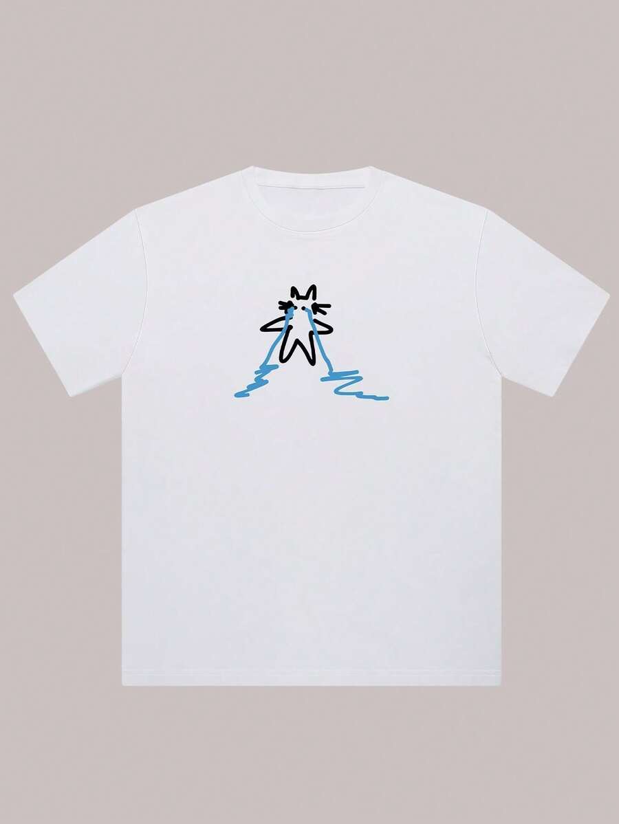 Cotton T-Shirt With Unique Teardrop Print - Casual, Breathable &Amp; Machine Washable For Summer - 白色 - 查看 1