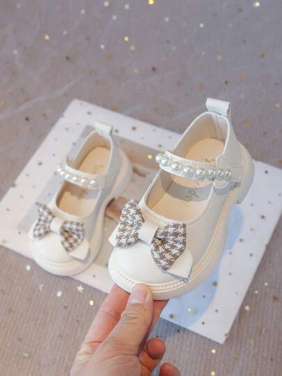New Girls' Pearl Bow Design Soft Sole Anti-Slip Flat Shoes, Simple Versatile Casual Daily Wear