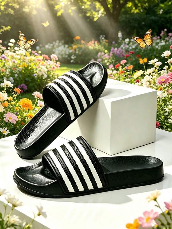 1 Pair Black & White Striped Classic Sporty Slip-On Slides, Soft Bottom, Bouncy, Suitable For Indoor, Outdoor, Beach, Seaside And More