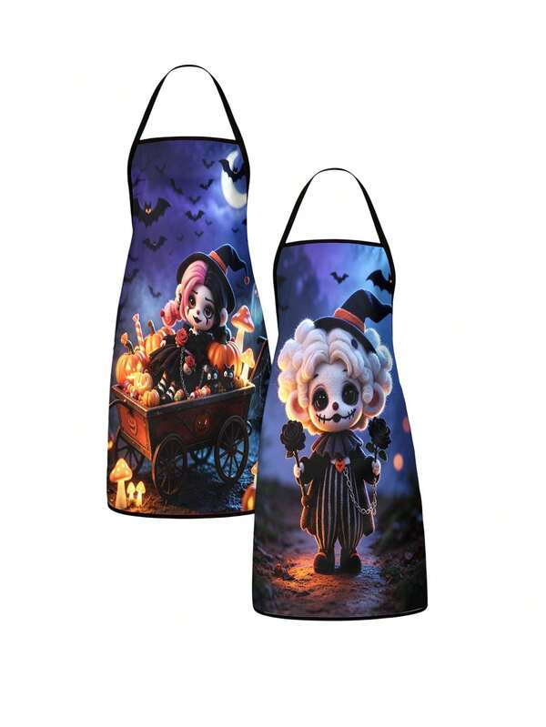 2Pcs Multi-Style Halloween Bat Pumpkin Pattern Waterproof Kitchen Apron, Oil And Stain Resistant Apron, Home Cooking, Baking And Barbecue Apron, Halloween Party Decoration Gift
