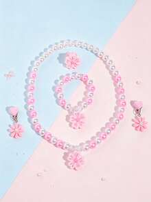 5pcs/Set Floral Faux Pearl Jewelry Necklace Bracelet Ring Clip-On Earrings For Girls Princess Party Dress-Up Gift - one-size - View 8