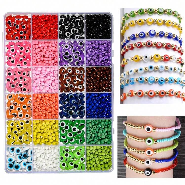 4 Styles Colorful Evil Eye Seed Beads DIY Jewelry Making Kit, Resin Evil Eye Beads For Jewelry Making With Smooth Surface, Gorgeous Stylish Design For Craft Projects And Necklace Making - Multicolor - View 12