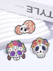 3Pcs Mexican Day Of The Dead Floral Sugar Skull Enamel Pin Latin Folk Cartoon Brooch Holiday Decor Badge - Multicolor - View 6