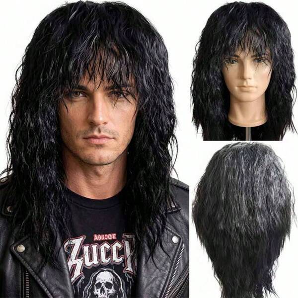Men's Cos Wigs Are Suitable For All Races, Black Water Wave Wave Wigs, Men's Mid-Length Wave Dress-Up Wigs, Men's Punk, Rock Wigs, Halloween, Carnival Festival Wigs, 20inch Men's Water Wave Wigs