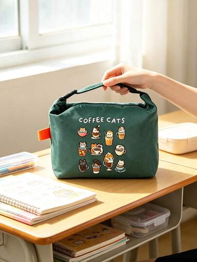 Cute Coffee Cat Print Roll-Top Lunch Bag, High Heel Shoe & Perfume Pattern, Bento Box Bag, Built-In Thermal Insulation Layer For Cold And Hot, Large Capacity For Lunch, Snacks, Cosmetics And Personal Items. Bento Bag, Portable Storage Bag, Personal Organizer Bag. Suitable For Commuting, School, Picnic, Outing. Ideal For Women, Students, Teachers, Office Workers, Moms, Friends, Graduation Season, Back To School, Teacher's Day, Birthday, Anniversary, Gift Choice