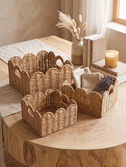 1pc/3pcs (S+M+L) Woven Desktop Storage Basket With Lid, Multi-Functional Organizer Box For Cosmetics, Keys, Snacks And Small Items, Space-Saving Dorm Desk Organizer, Elegant Wedding Gift Decor Box, Bedroom, Living Room, Hallway, Office Home Storage Fashion Storage Bucket