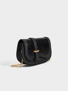1pc Women's Minimalist Crocodile Embossed Chain Saddle Bag, Commuter Textured Versatile Crossbody Bag - M2255 - View 10