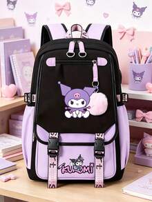 SANRIO Kawaii Kuromi Print Backpack, Contrast Color Large Capacity Multi-Pocket School Bag, Preppy Durable Daypack For Daily Commute Back To School Travel - Multicolor - View 9