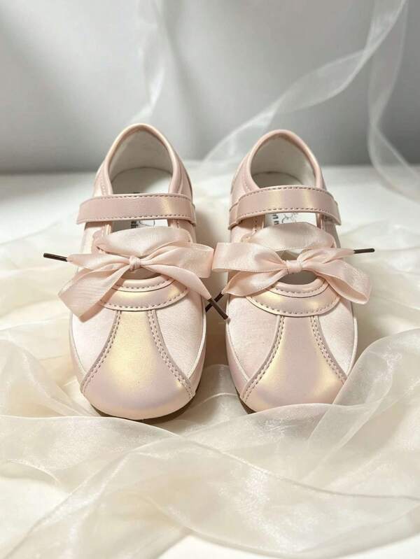 1 Pair Girls' Satin Bow Mary Jane Shoes, Hook & Loop Closure, Soft Sole, Non-Slip, Princess Style, Gentle Versatile Dress Shoes For Party, Performance, Daily Wear, Commute, Sweet Shallow Flat Shoes