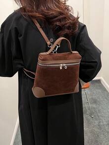 女款麂皮頂提手後背包，可調節肩帶，復古休閒風，多功能，適合日常通勤與旅行 - 咖啡 - 查看 4
