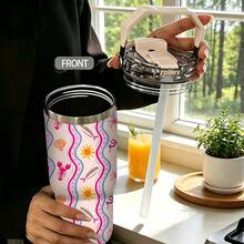 1/5pcs 30oz Vacuum Insulated Travel Mug With Gift Box, Light Pink Wavy Lobster Shell & Bow Print, Foldable Portable Handle, Double Flip Leak-Proof Lid, Double Wall Mug, Kids Outdoor Use, Playful Cartoon Marine Life Gift - Marine Life - View 2