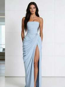 Long, Fitted Dress With Straps And Long Sleeves In A Sensual Style - Blue - View 9