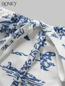 DONICY 女款白色與藍色 Toile De Jouy 印花細肩帶中長洋裝，方領、胸前抓褶、收腰，休閒度假風 - 彩色 - 查看 4