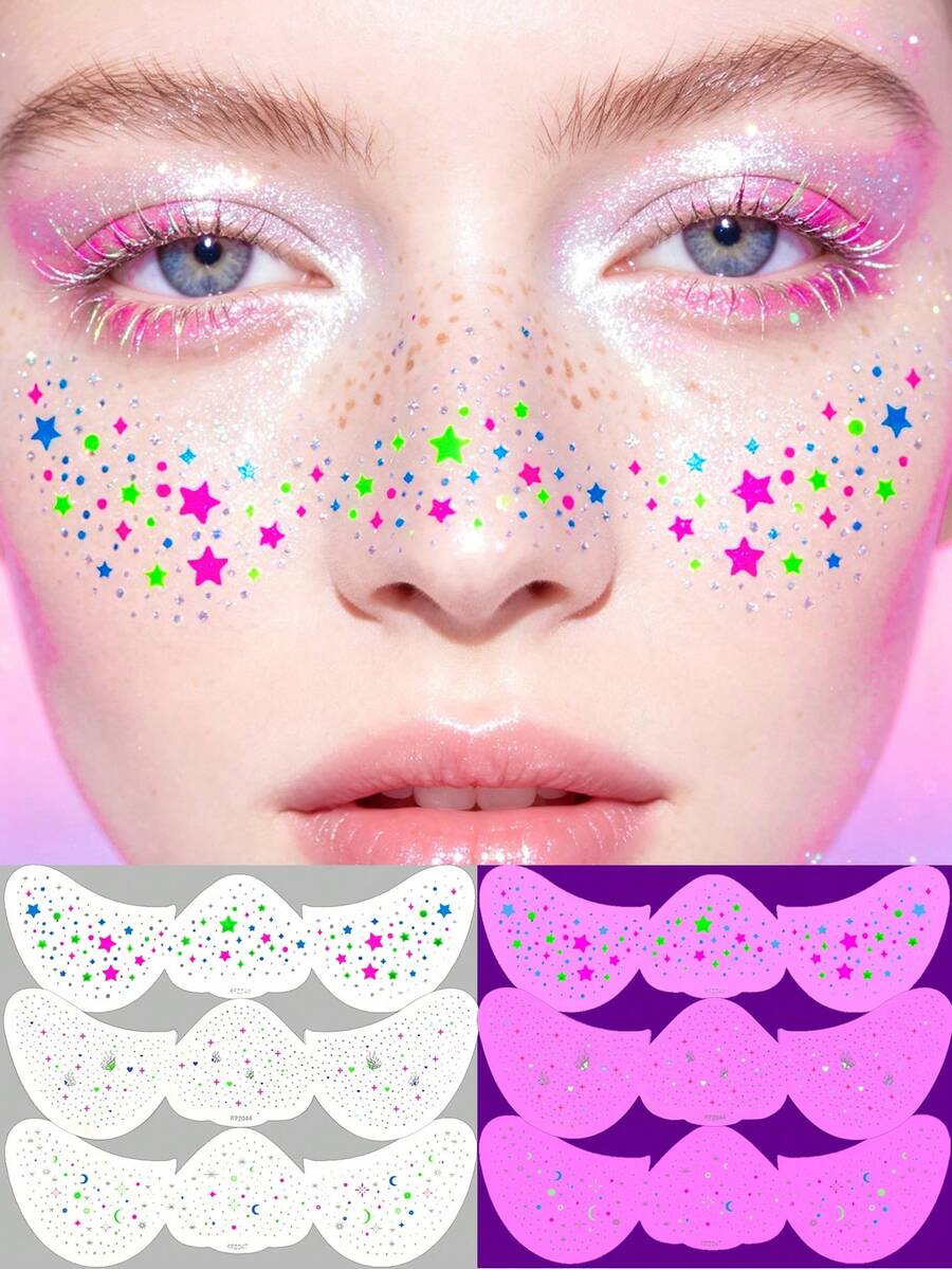 3pcs Y2K Neon Freckle Tattoo Sticker Set, Colorful Star, Moon & Heart Pattern Face Stickers, Waterproof Neon Freckle Stickers For Music Festivals, EDM Parties & Party Makeup