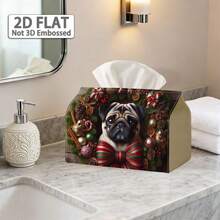 1pc 2D Flat Fabric Tissue Box Cover, Non-Embroidered Printed Christmas Wreath Pug Pattern With Pinecones, Colorful Balls, Stripes And Bows, Holiday Tissue Storage Sleeve, Fits Most Tissues, Sofa Bedside Cabinet Dining Room Home Decor - A - View 4