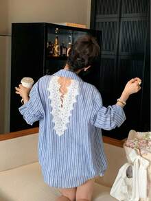 Casual Fashion Backless Lace Patchwork Loose Long Sleeve Blouse, Women's Top Autumn/Winter New Style, Versatile For Daily Wear - Blue - View 6