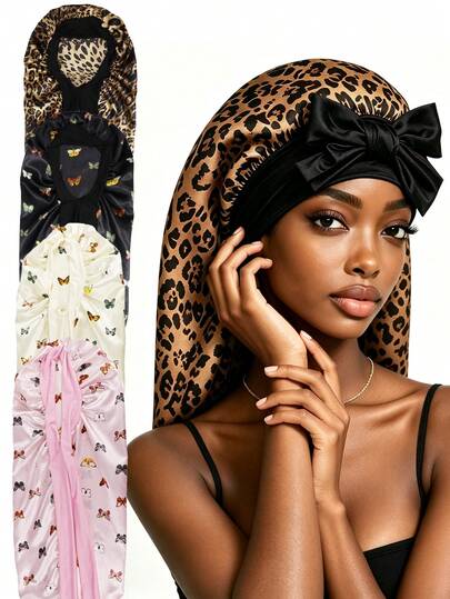 CONFLASS 2/1pc Leopard Print Butterfly Long Satin Silk Texture Sleep Cap, Long Braid Sleep Cap, Reusable Adjustable Hair Wrap Cap, Women's Sleep Cap, Back To School Essential