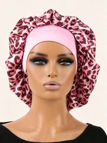 7cm Wide Elastic Fabric Sleep Cap/Wig Cap/Satin Cap, Butterfly Leopard Print Satin Round Cap, Back To School Essential, Unisex - Pink - View 2