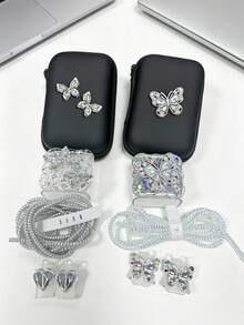 6pcs Set Exquisite Premium Silver Shiny Rhinestone Butterfly Data Cable Protector With Hard Shell Storage Bag, Charging Cable Winder, Cable Clip And Gradient Laser Protective Case, Compatible For Apple 18/20W Series Charger Protection Storage Set, Anti-Breakage Anti-Drop Anti-Shock, Daily Travel Charging Accessories Full Set Combination - View 2