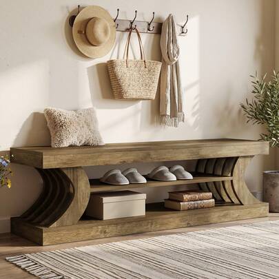 LITTLE TREE 63" Entryway Bench For 3-4 Person, 3-Tier End Of Bed Bench With Open Storage Shelves, Wooden Shoe Storage Bench For Bedroom, Entryway, Foryer, Hallway, Brown