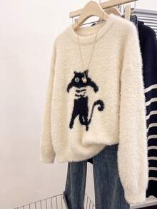 JIANHU Sweater Lengan Panjang Fleece Jacquard Motif Kucing Lucu dengan Kerah Bulat untuk Wanita - Putih - View 3