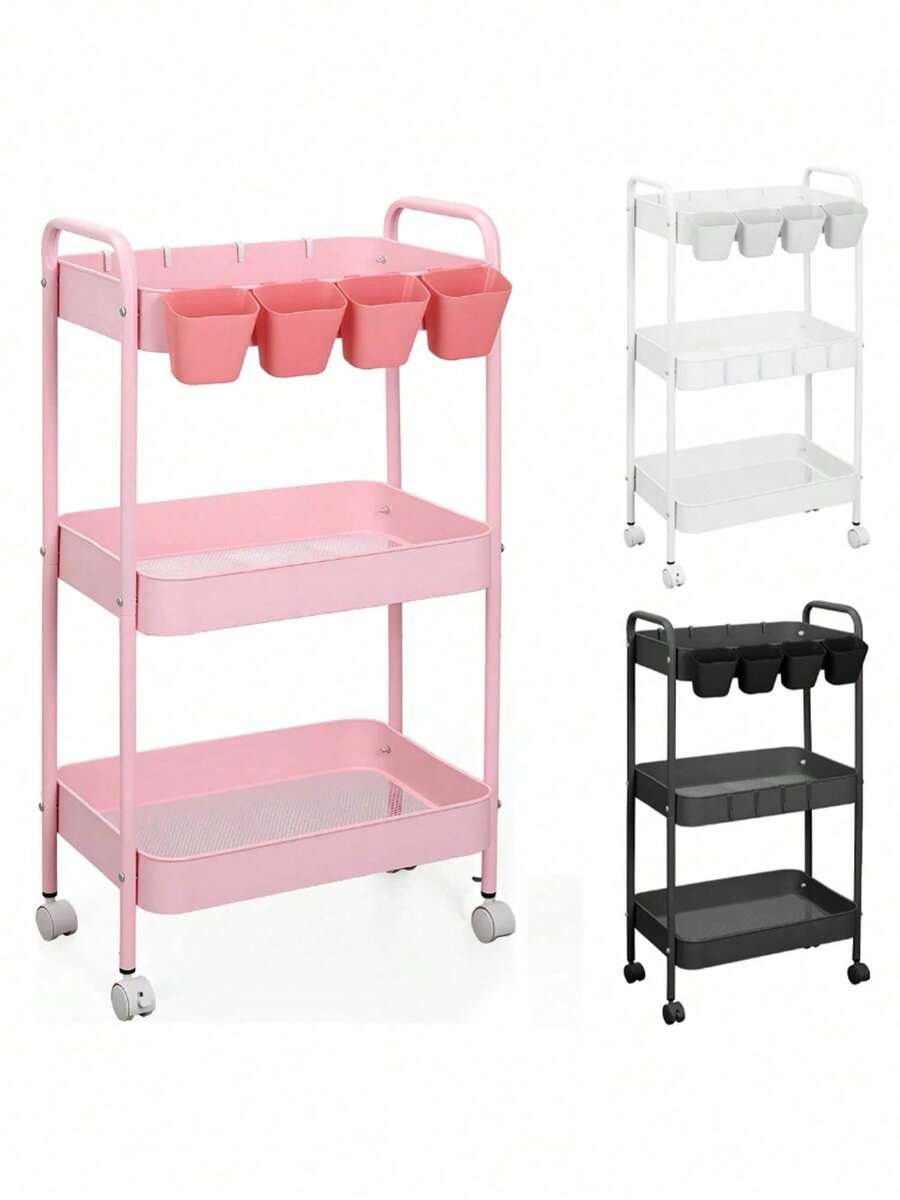 Carrito metal multicapas con ruedas movible, cocina baño oficina almacena accesorios multiuso moderno ahorra espacio - Rosa Roja - Ver 1