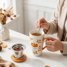 1pc 490ml/16.5oz Cottagecore Autumu Ceramic Tea Cup With Infuser And Lid, Hello Pumpkin Large Capacity Porcelain Coffee Cup Infuser Mug For Loose Leaf Tea Coffee Cocoa, Fall Home Kitchen Decor Drinkware, Gift For Halloween Thanksgiving Harvest - Multicolor - View 10