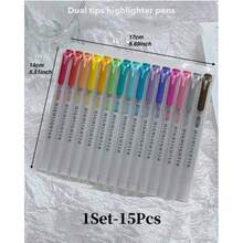15pcs Double Ended Highlighters 17*14cm Dual Tip Mild Color Highlighter Fluorescent Marker Pen For Coloring Underlining Highlighting Broad And Fine Tips Back To School - Multi-color - View 8