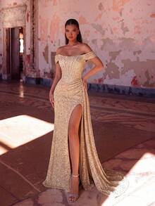 ADYCE Elegant Sequin One-Shoulder High-Waist Slit Backless Tie-Up Maxi Party Dress Fall Wedding - Champagne - View 7