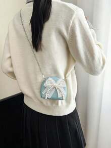Fashionable Girl Pearl Shell Bag, Zipper Closure Chain Mini Bag, Bowknot Decor Coin Purse Crossbody Small Bag, Suitable For Outings, Birthday Parties And Daily Use - B - View 9