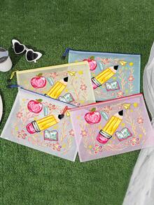 Mesh Zipper Makeup Bag,Apple Pencil Book Print,Back To School Mesh Storage Bag,Portable Zipper Stationery Pouch,Large Capacity Cosmetic Bag,Transparent Pen Bag,School Supplies Storage,For School Office Travel,Gifts For Teachers And Students - Multicolor - View 6