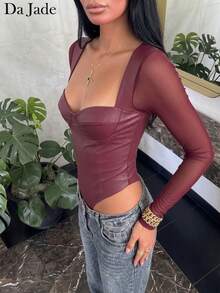 女款秋季優雅Y2K方領人造皮革網紗長袖緊身胸衣連身衣，修身抓皺設計，適合度假、聖誕派對、嘉年華穿搭 - 酒紅色 - 查看 3