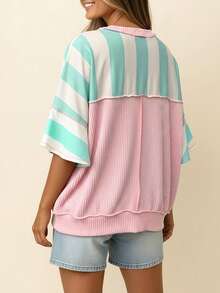 Acelitt Loose Green Striped Top With Pink Ribbed Trim, Casual Dropped Shoulder Short Sleeve Summer - Multicolor - View 2