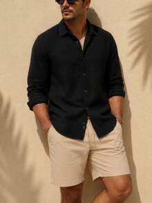 Men Solid Linen Blend Solid Color Button Front Collared Casual Long Sleeve Shirt - Black - View 1
