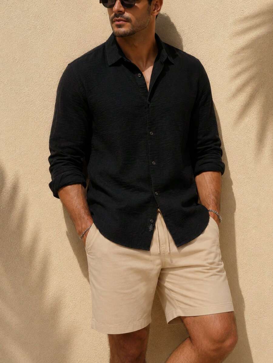 Men Solid Linen Blend Solid Color Button Front Collared Casual Long Sleeve Shirt - Black - View 1